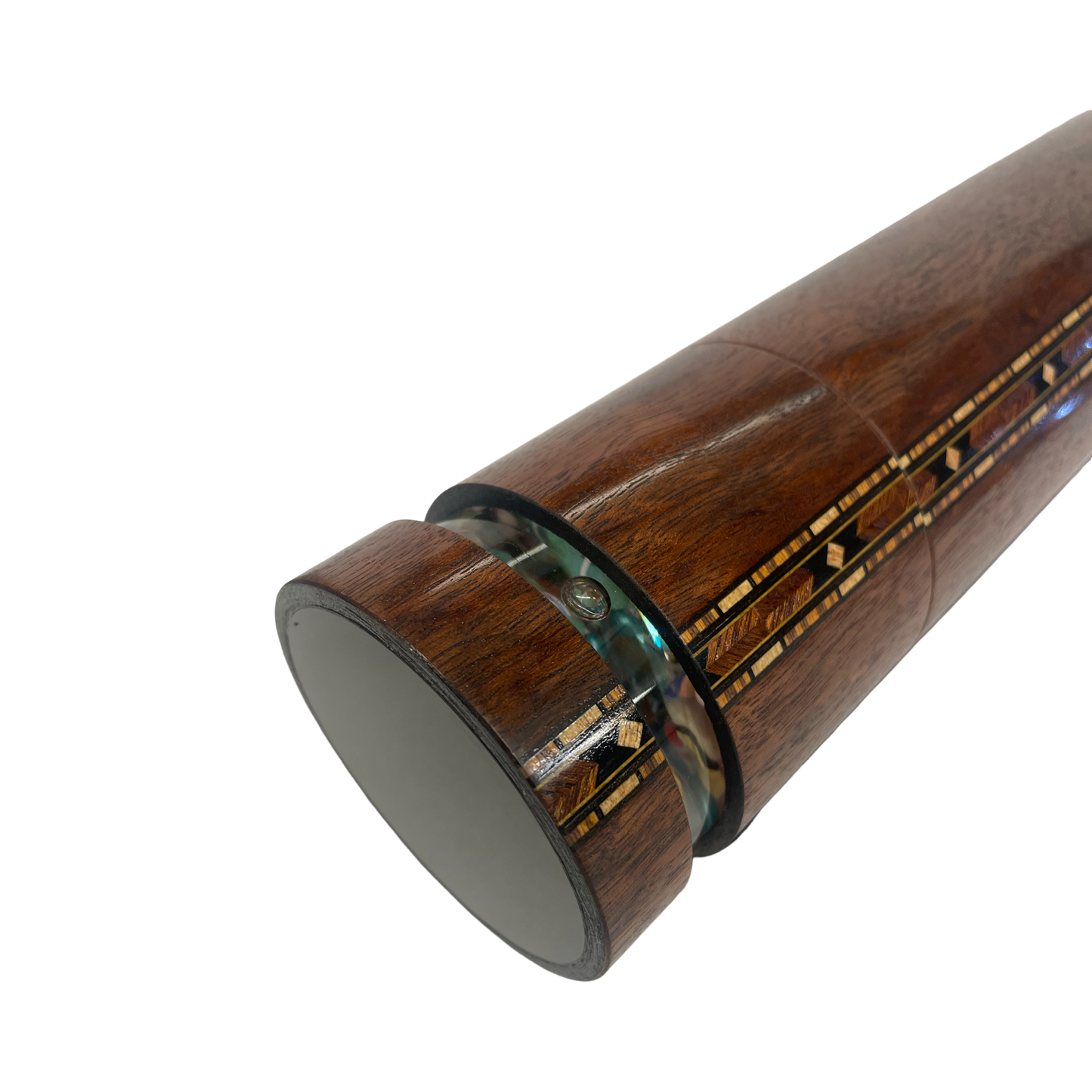 Wooden Kaleidoscope, Handheld in Quilted Sapele By Artists Carol and Mark Reynolds.