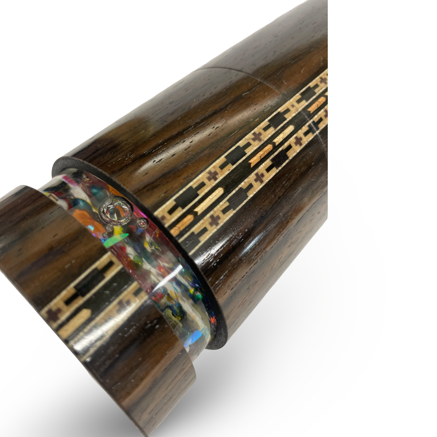 Wooden Kaleidoscopes, "Figured Dark Wood Handheld" 2025 by Artists Carol and Mark Reynolds.