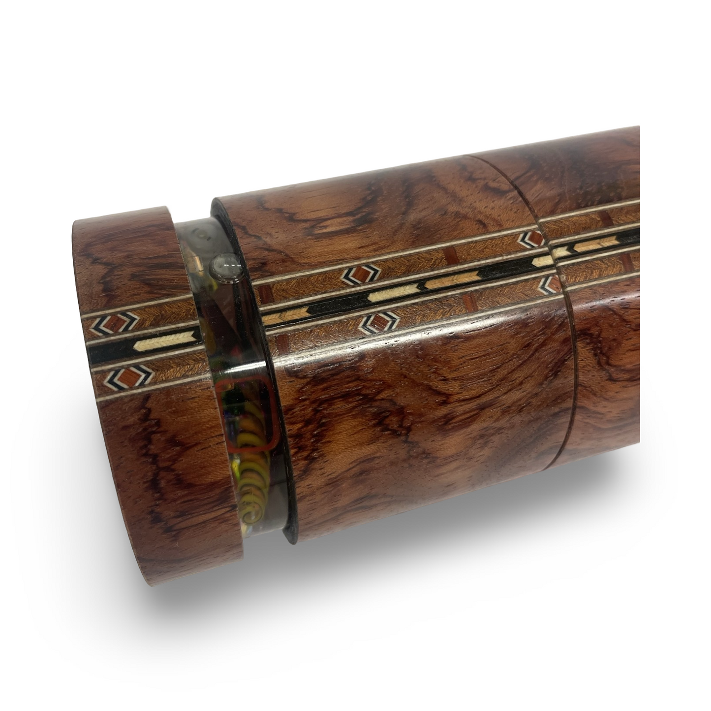 Wooden Kaleidoscope, Handheld in  Pomelle 2025 By Artists Carol and Mark Reynolds.