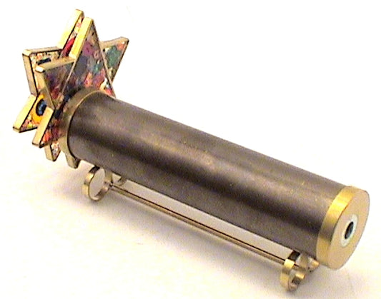 Brass Kaleidoscope "Star of David with 2  Wheels" and metal stand  By Artist Roy Cohen. main image