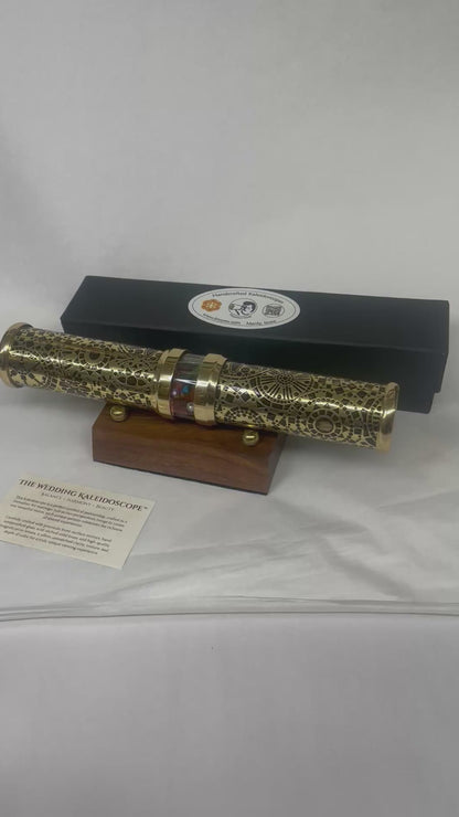 Unique Wedding Gifts, Wedding Kaleidoscope in Brass with Wooden Stand By Artist Karl Schilling.