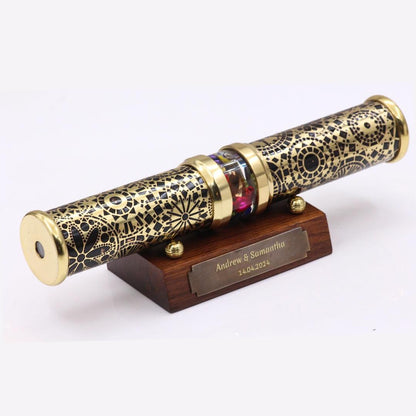 Unique Wedding Gifts, Wedding Kaleidoscope in Brass with Wooden Stand By Artist Karl Schilling. main image