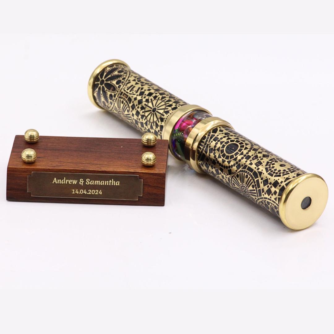 Unique Wedding Gifts, Wedding Kaleidoscope in Brass with Wooden Stand By Artist Karl Schilling.