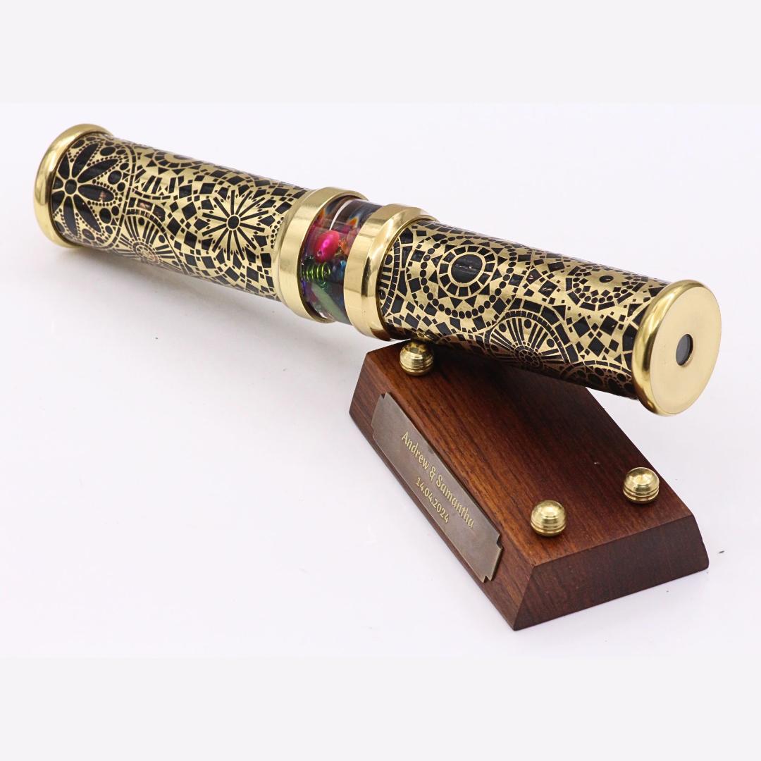 Unique Wedding Gifts, Wedding Kaleidoscope in Brass with Wooden Stand By Artist Karl Schilling.